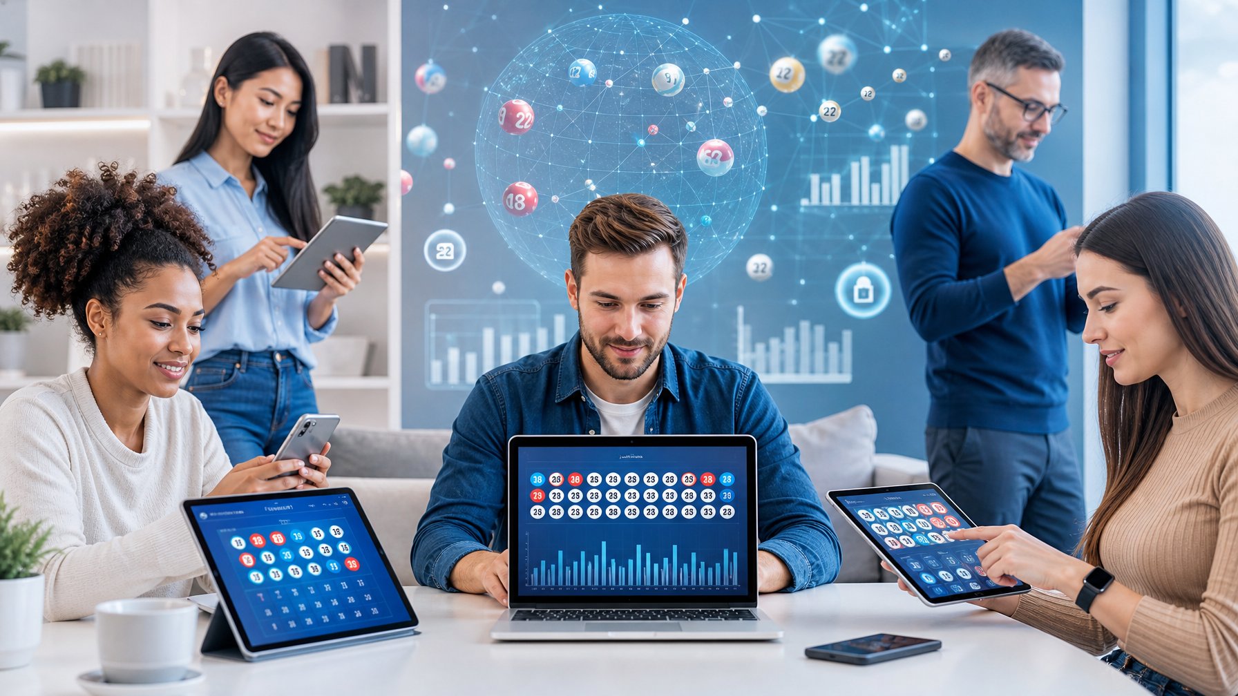Beberapa orang dewasa menggunakan perangkat elektronik untuk bermain togel online di ruang kerja modern dengan latar belakang grafis digital.