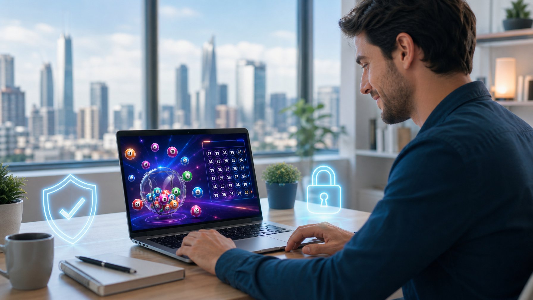 Seorang dewasa muda duduk di depan laptop di ruang kerja modern dengan pemandangan kota di latar belakang, menunjukkan suasana bermain togel online yang aman dan terpercaya.