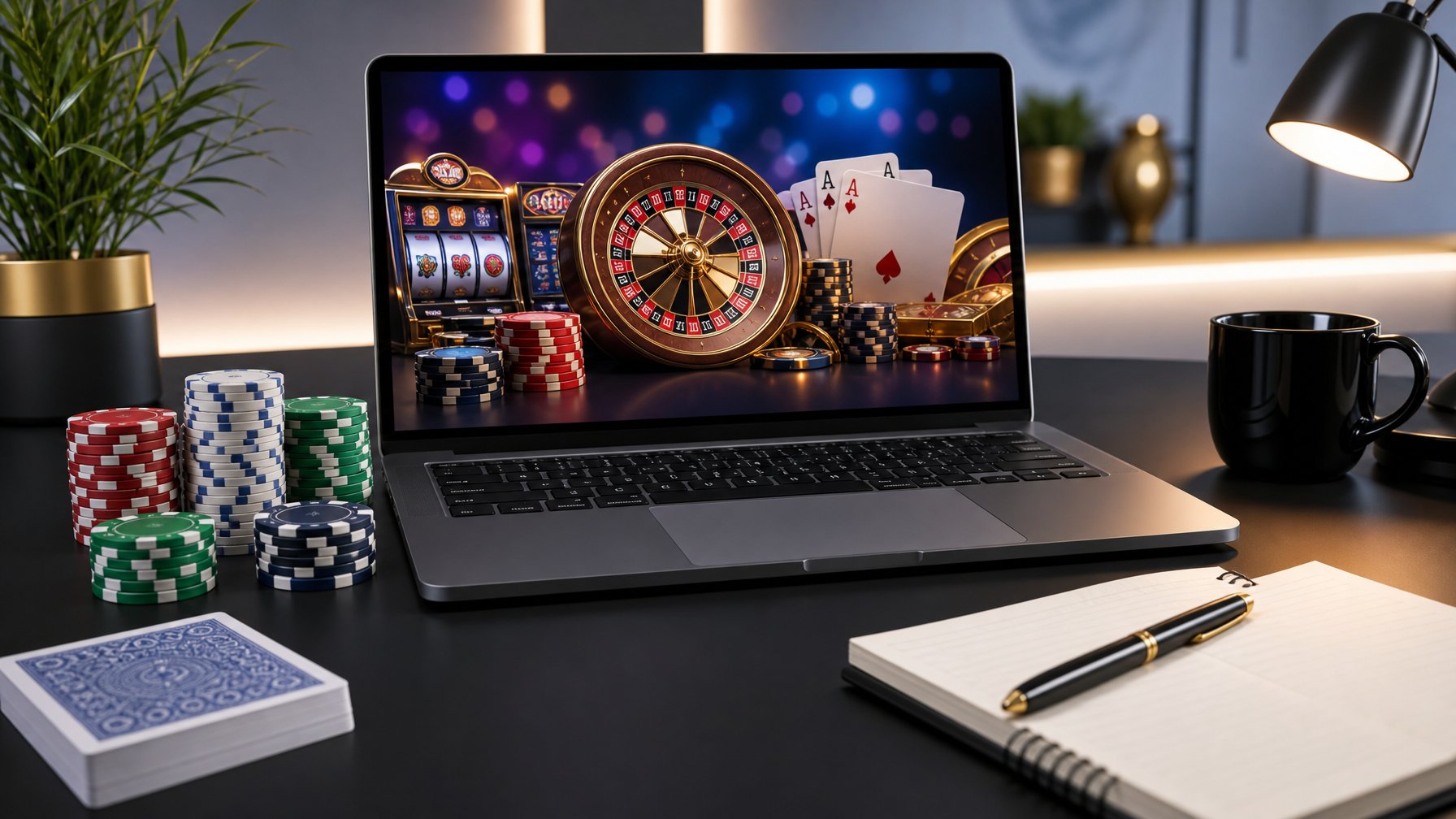 Seorang pemain kasino online menggunakan laptop dengan tampilan permainan kasino digital dan chip poker di meja.