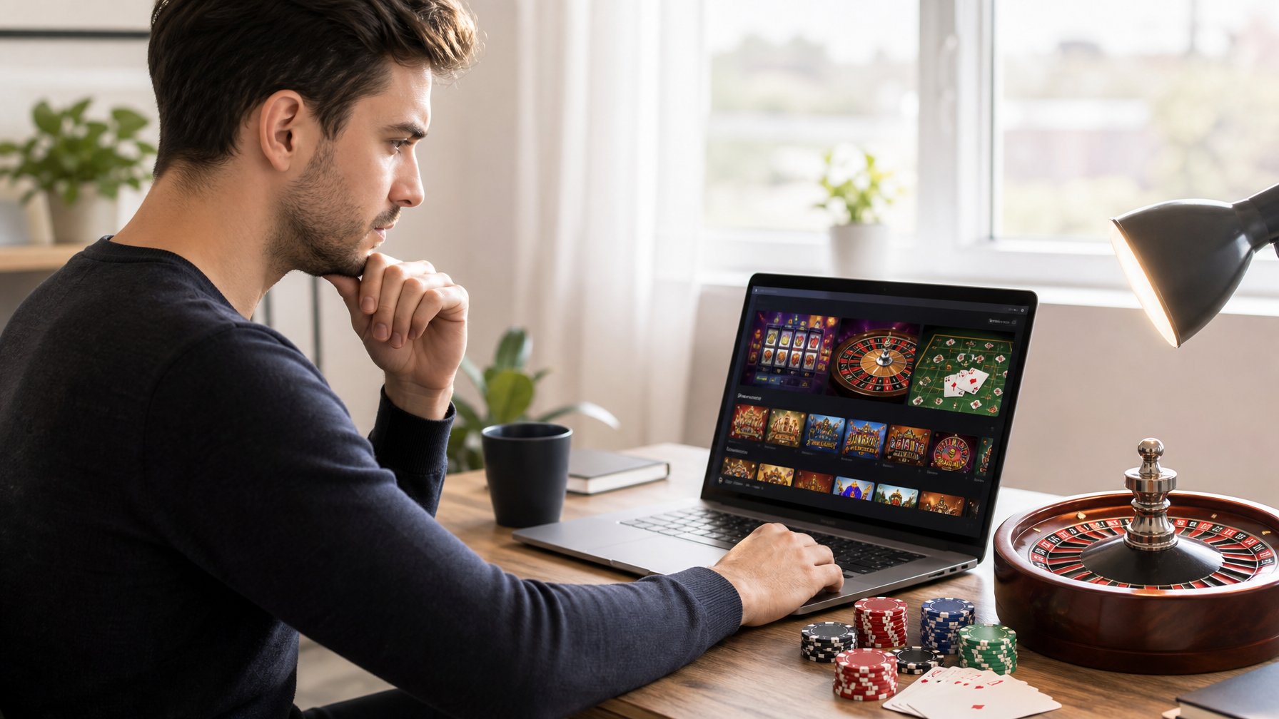 Seorang dewasa muda duduk di meja dengan laptop terbuka menampilkan situs kasino online, suasana ruangan terang dan rapi dengan elemen permainan kasino di sekitar.