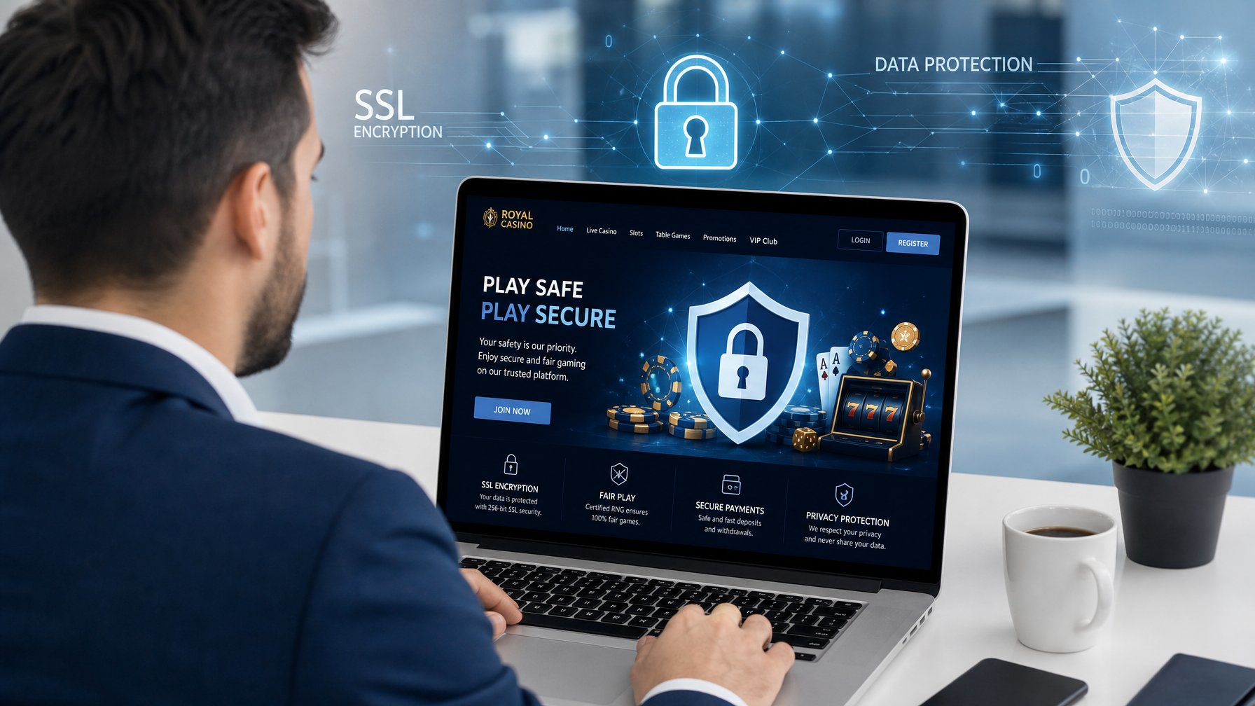 Seorang dewasa muda menggunakan laptop di meja dengan tampilan situs kasino online yang aman di layar.