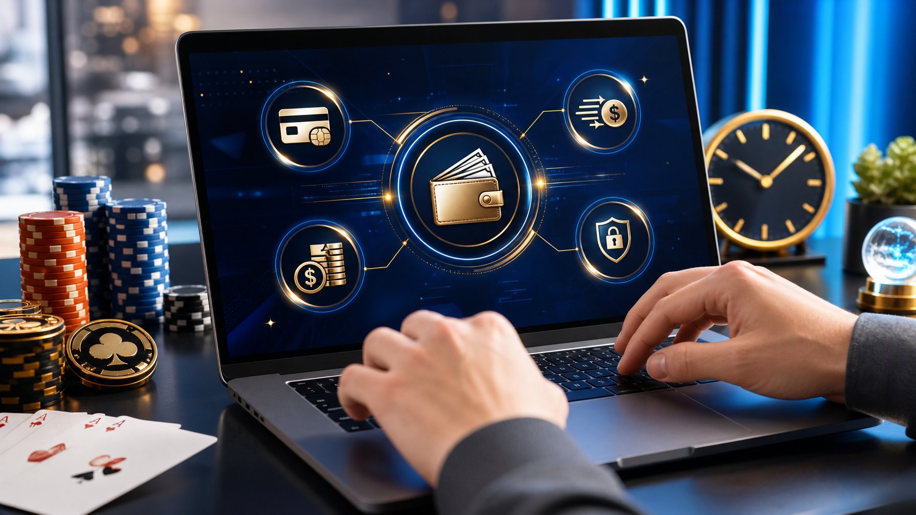 Seseorang menggunakan komputer dengan tampilan antarmuka kasino online yang menunjukkan proses deposit dan penarikan cepat.