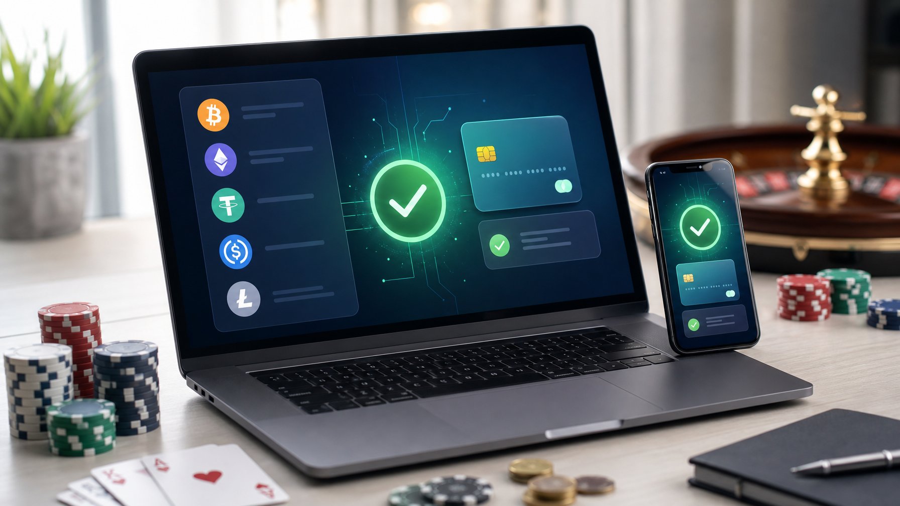 Seorang pengguna melakukan transaksi deposit dan withdraw di platform kasino online menggunakan laptop dan smartphone di meja kerja yang rapi.