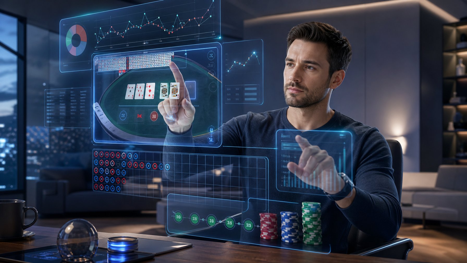 Seorang pemain dewasa menggunakan antarmuka holografik untuk bermain Baccarat online dengan latar belakang grafik dan statistik taruhan.