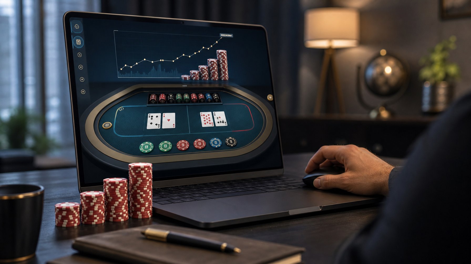 Seseorang bermain baccarat online di depan komputer dengan tampilan kartu dan chip di layar, menunjukkan suasana fokus dan strategi.
