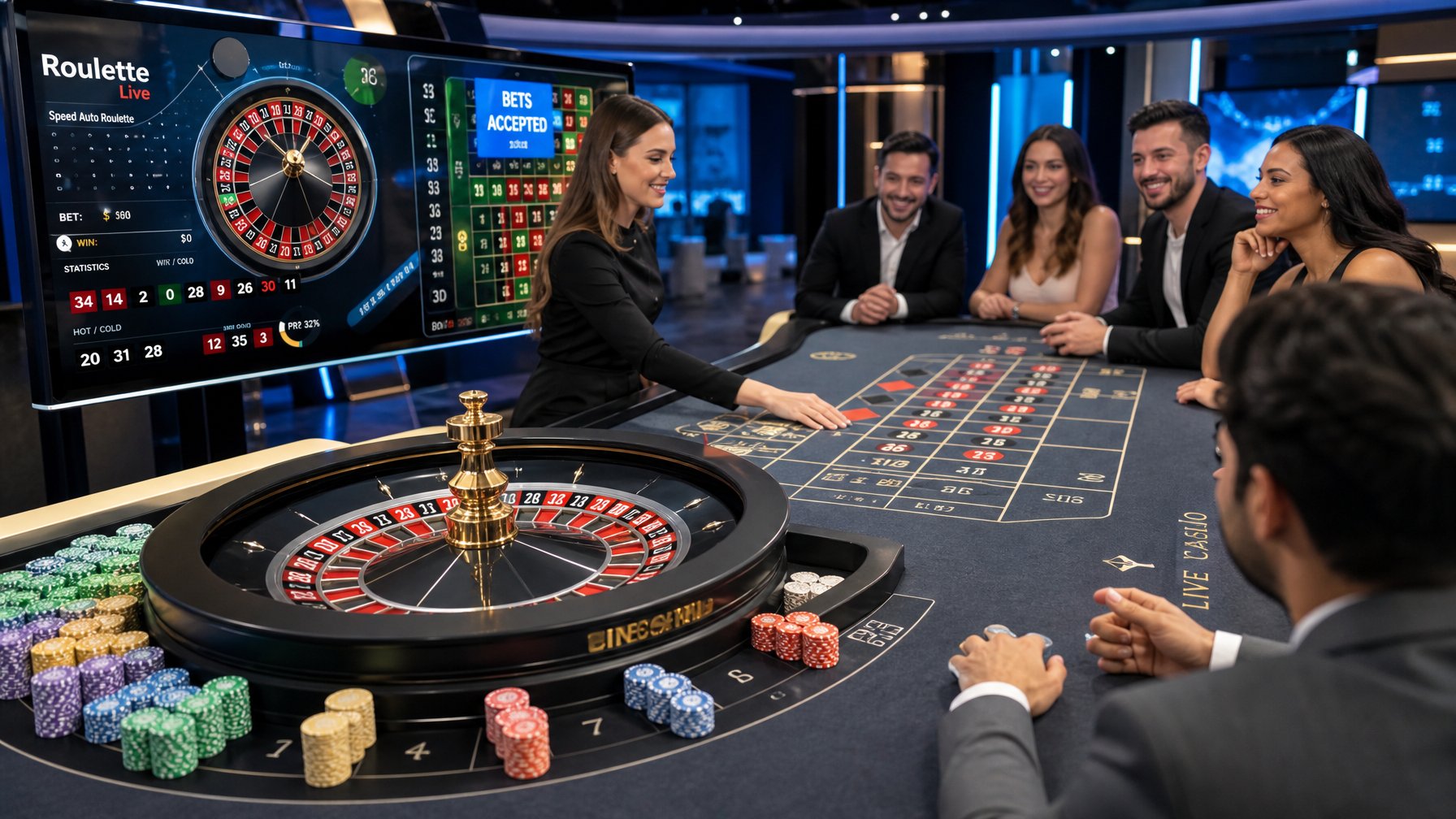 Meja roulette dengan pemain dan dealer di kasino langsung yang modern dan cerah.