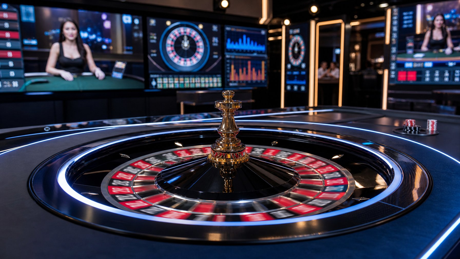 Meja roulette live dengan roda berputar dan layar digital menampilkan dealer langsung dan statistik taruhan.