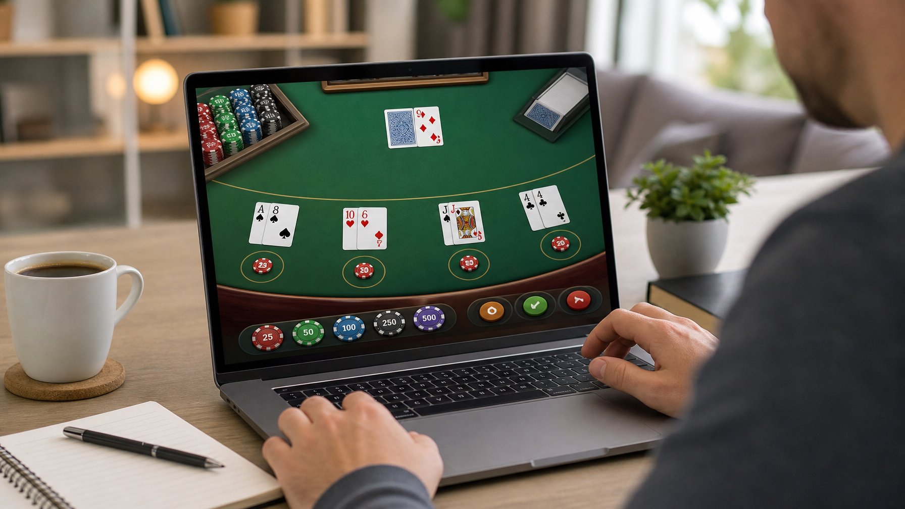 Seorang pemain menggunakan komputer dengan permainan blackjack online terbuka di layar, di meja terdapat catatan dan kopi, suasana fokus dan nyaman.