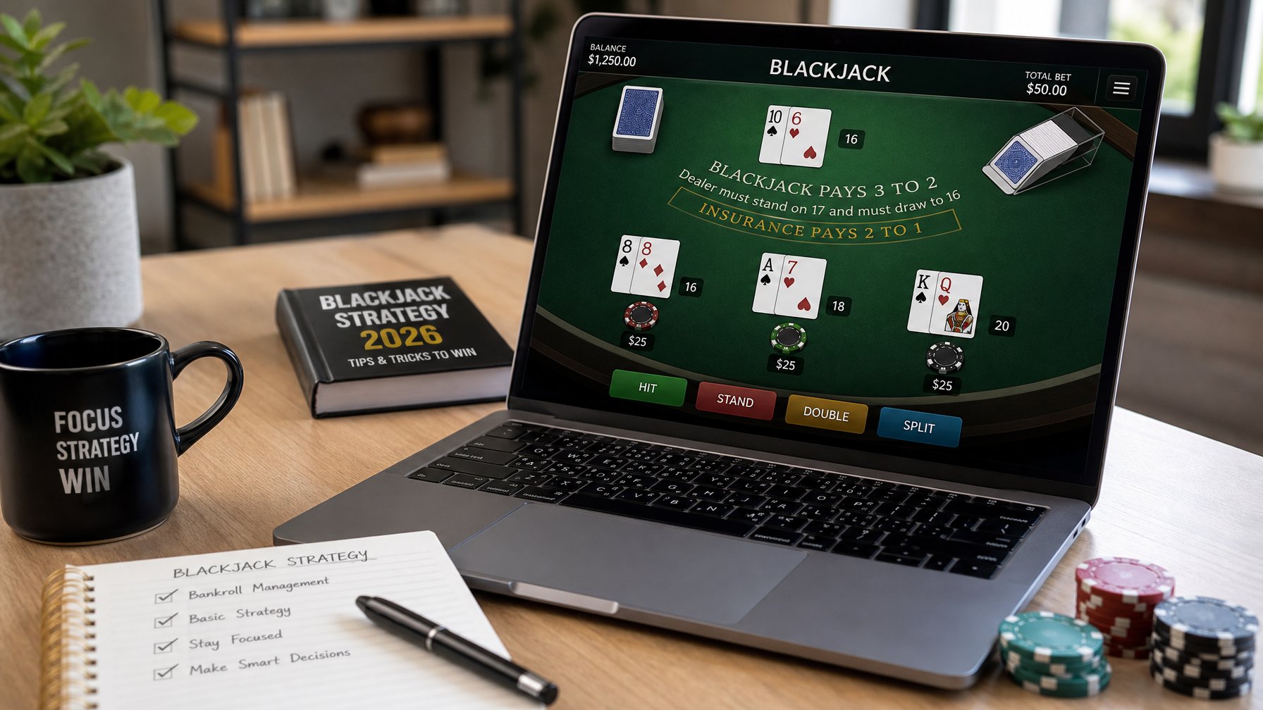 Seseorang bermain blackjack online di komputer dengan kartu dan chip di layar, di meja kerja yang rapi dengan alat tulis dan kopi.
