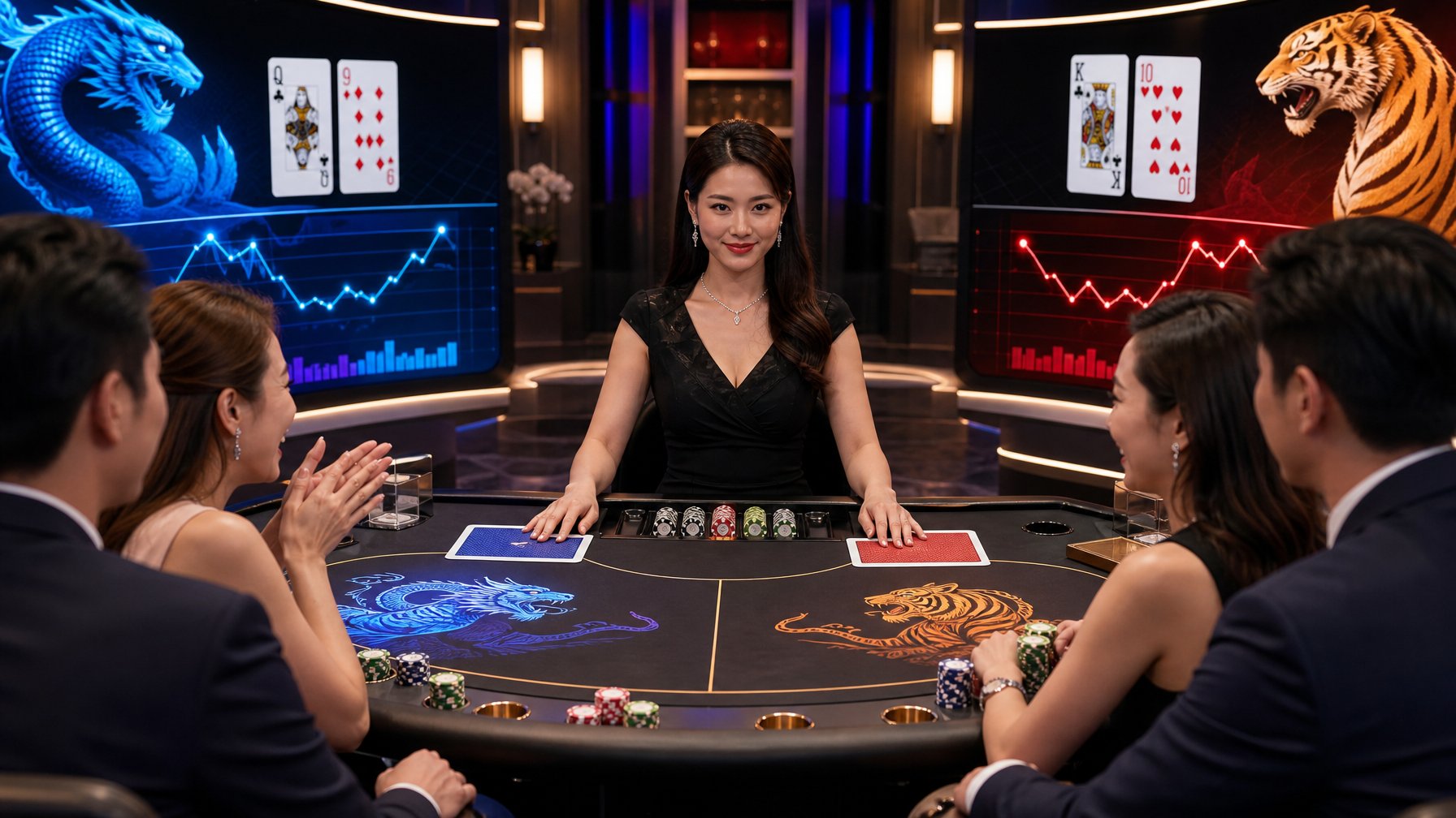 Seorang dealer di meja permainan Dragon Tiger di kasino dengan pemain yang antusias dan suasana modern.