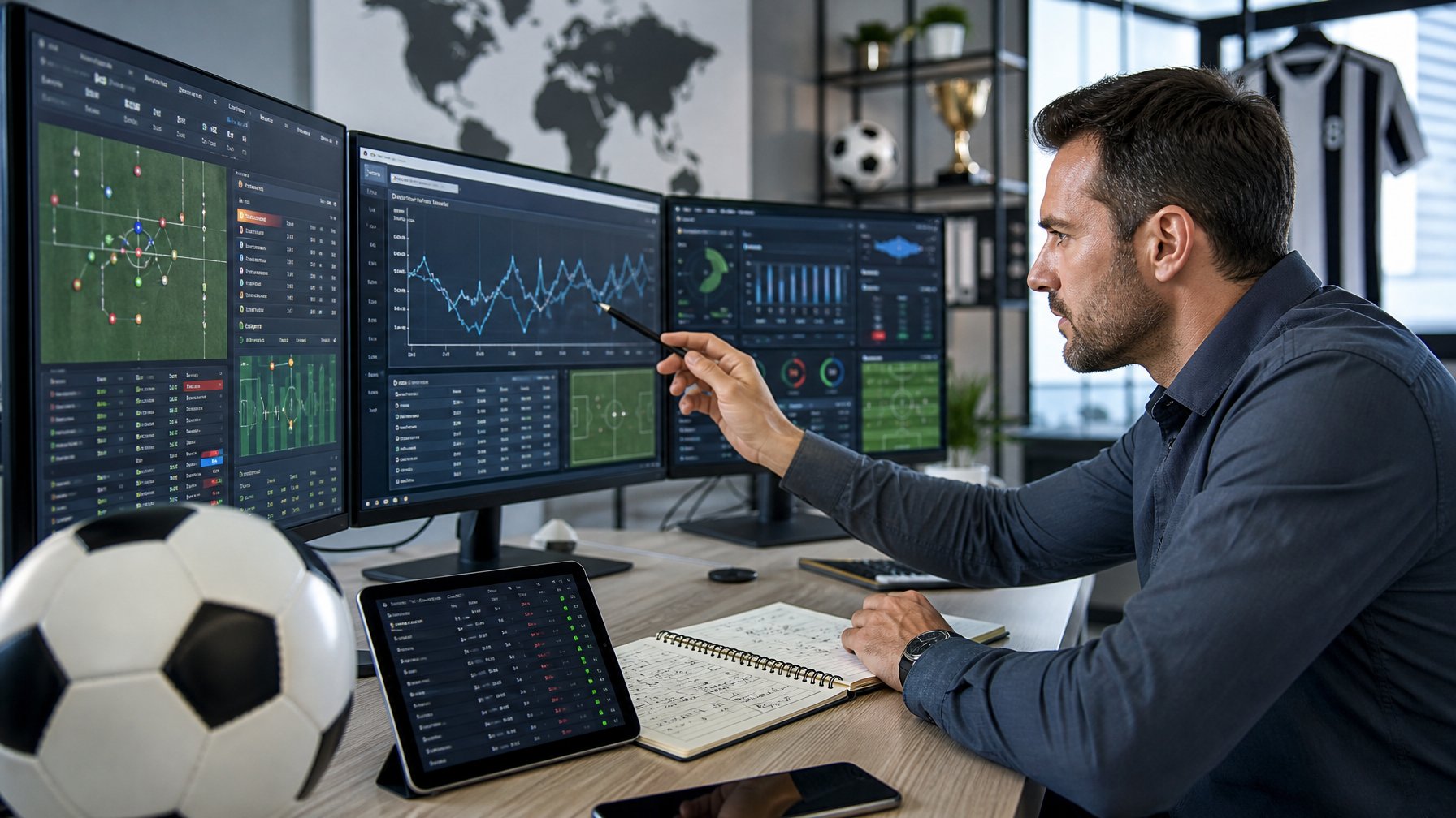 Seseorang sedang menganalisis statistik tim bola di depan beberapa monitor komputer di ruang kantor modern.