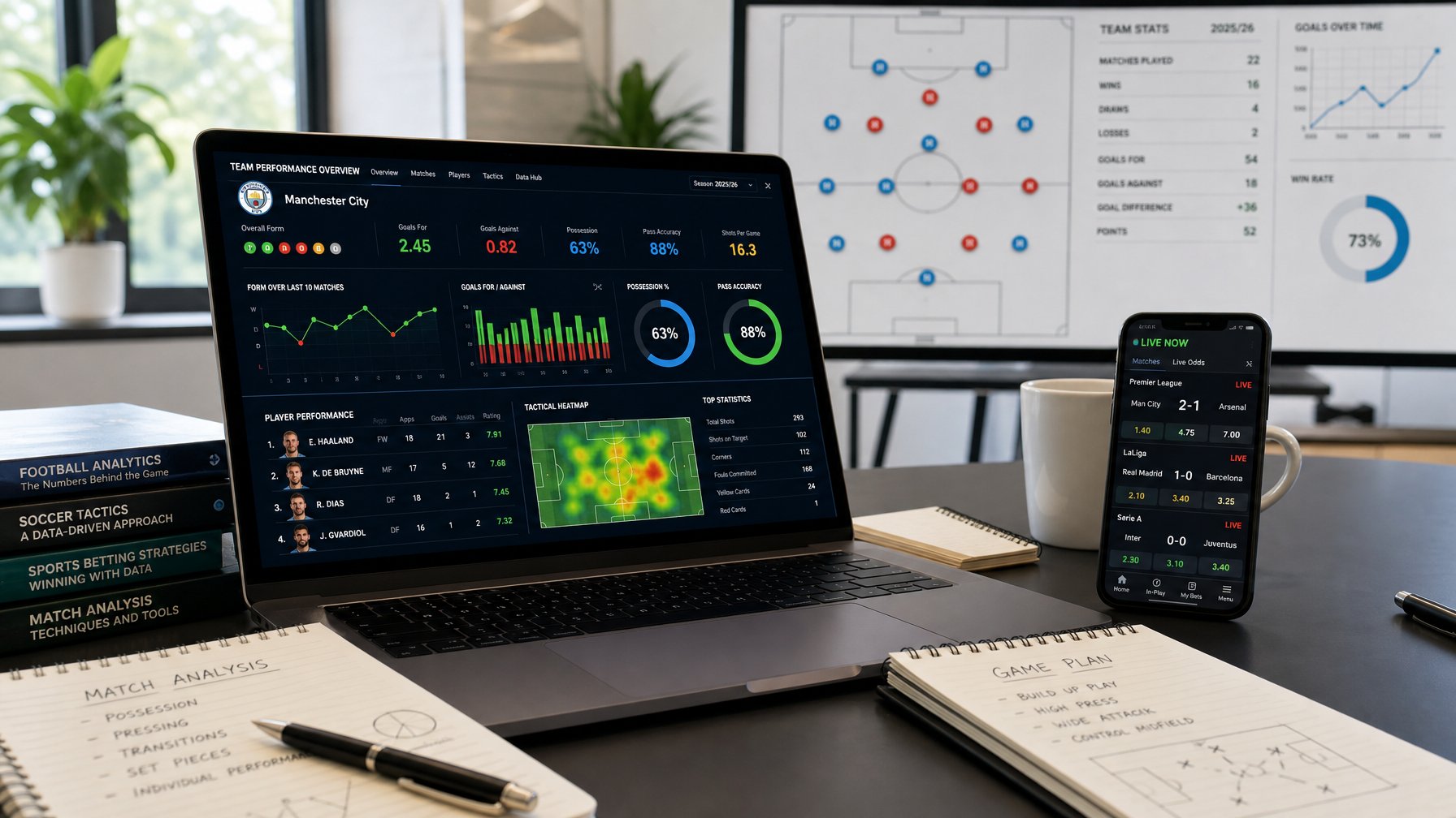 Meja kerja dengan laptop yang menampilkan statistik dan grafik tim sepak bola, dilengkapi catatan dan layar besar di latar belakang yang menunjukkan formasi dan data sepak bola.