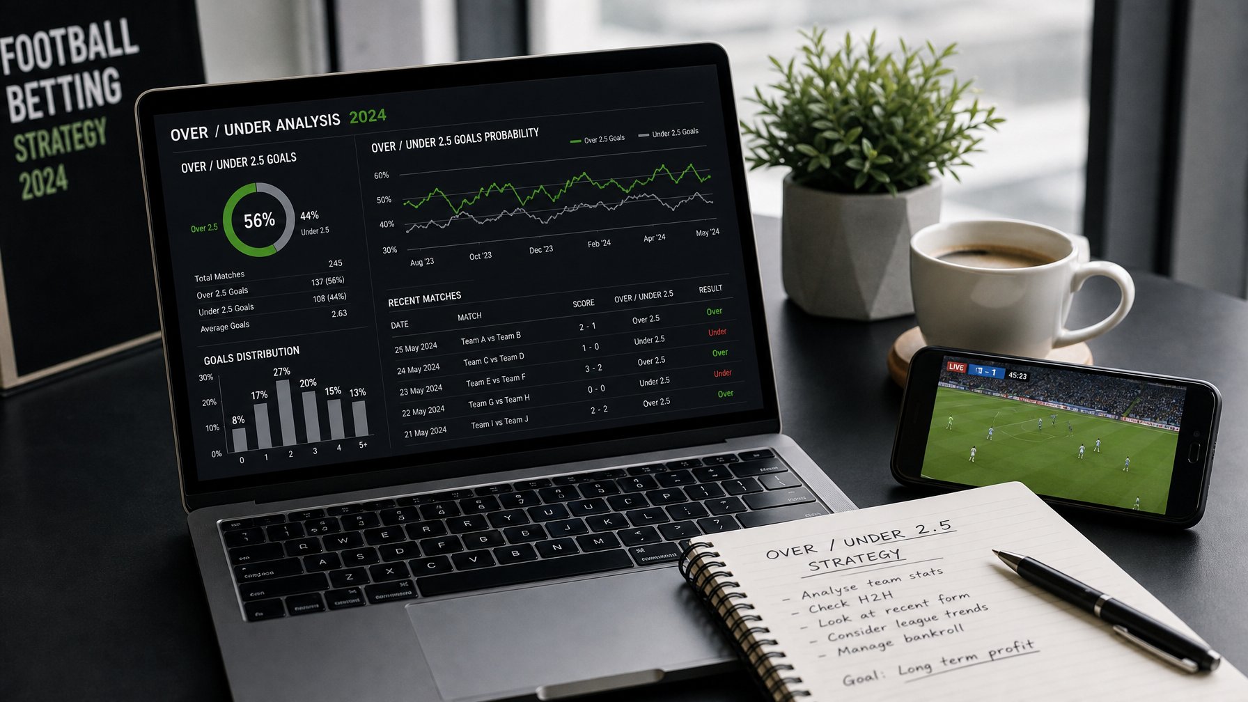 Meja kerja dengan laptop yang menampilkan statistik sepak bola, buku catatan dengan tulisan tangan, dan ponsel yang menayangkan pertandingan sepak bola langsung.