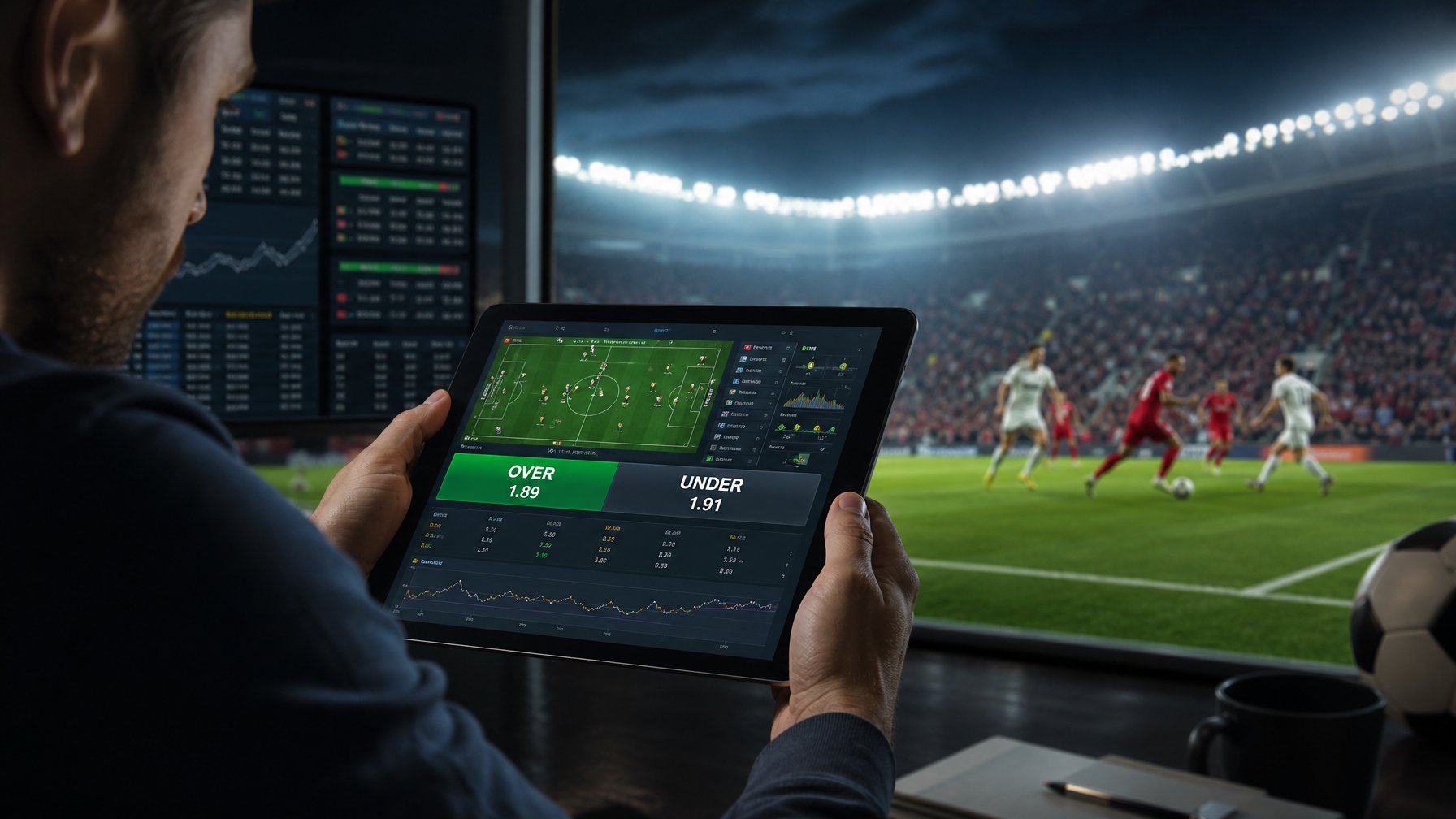 Seorang pria sedang menggunakan tablet untuk bertaruh sepak bola dengan latar belakang stadion yang terang dan pemain yang sedang bermain.