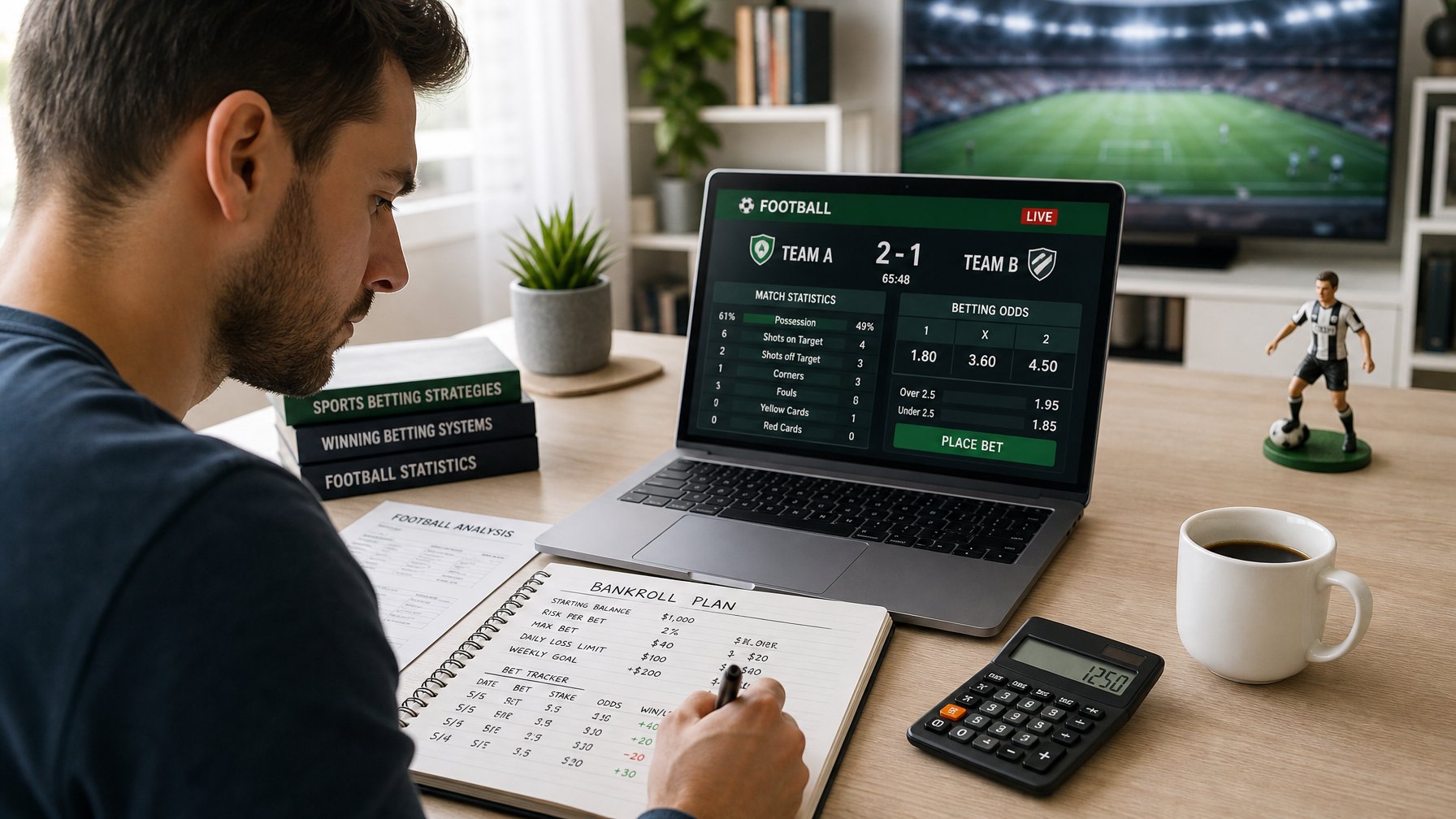 Seseorang sedang mengelola keuangan taruhan bola di meja dengan laptop, buku catatan, kalkulator, dan dekorasi bertema sepak bola.