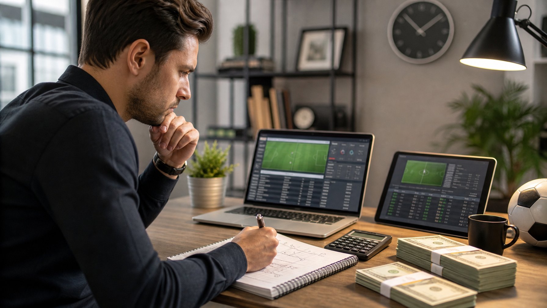 Seorang dewasa muda sedang menganalisis data taruhan bola dengan laptop dan tablet di meja yang rapi, terdapat uang, kalkulator, dan catatan strategi taruhan.