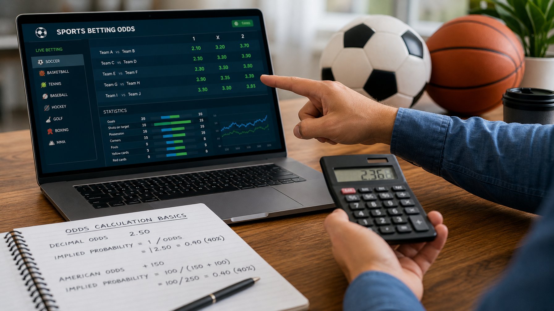 Meja kerja dengan laptop menampilkan statistik olahraga dan odds taruhan, buku catatan dengan perhitungan, kalkulator, serta tangan seseorang yang sedang menunjuk layar dan menghitung.