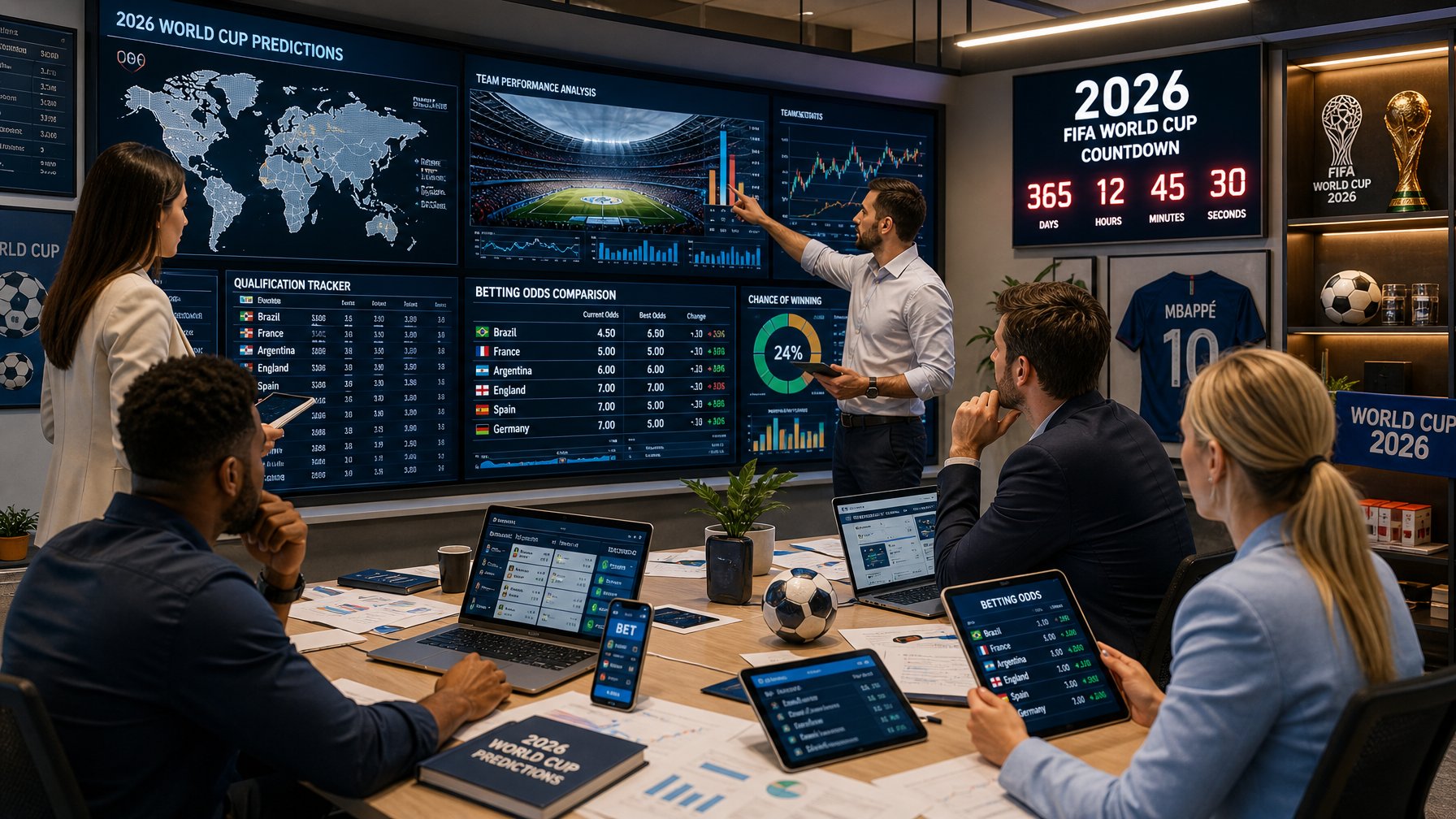 Sekelompok orang sedang menganalisis data dan statistik taruhan Piala Dunia 2026 di ruang kantor modern.