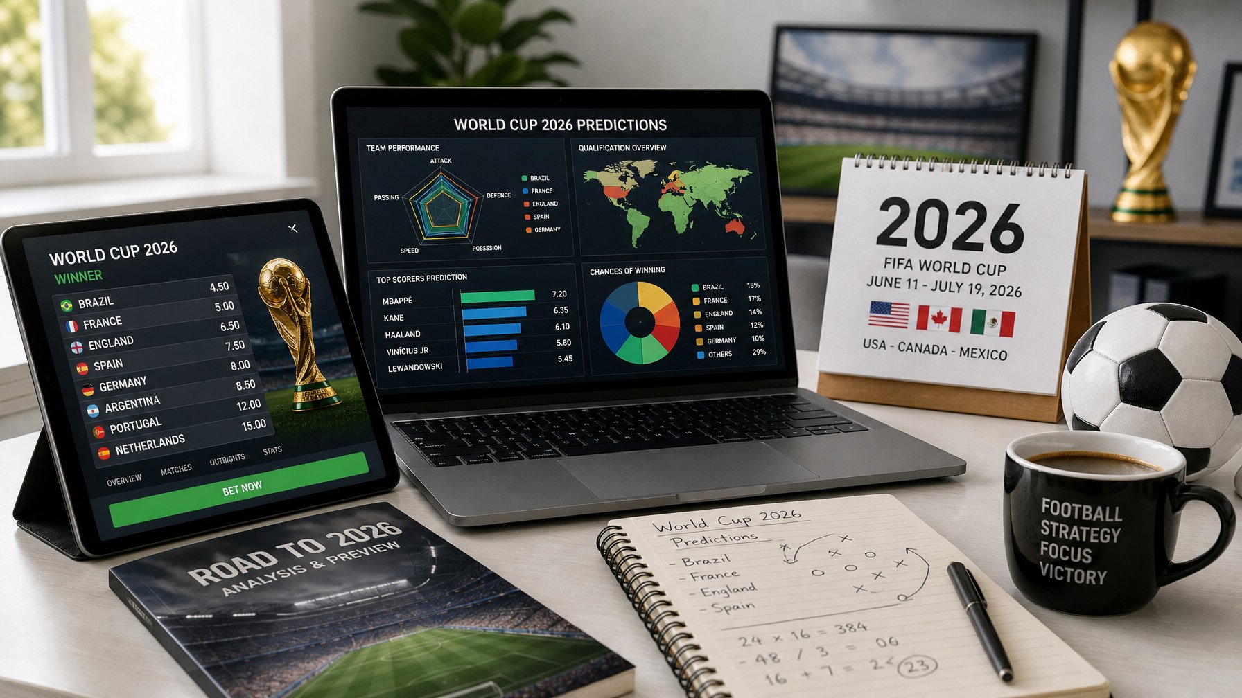Meja kerja dengan laptop, tablet, bola sepak kecil, dan kalender bertuliskan tahun 2026, menunjukkan persiapan prediksi dan peluang taruhan Piala Dunia.