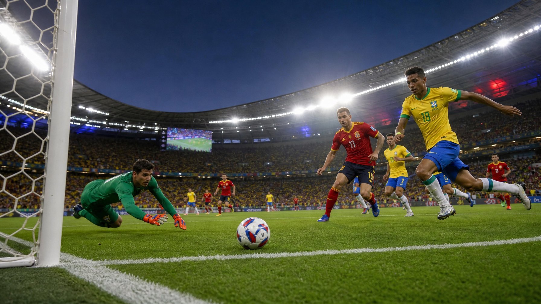 Pertandingan sepak bola Piala Dunia 2026 di stadion penuh penonton dengan pemain yang sedang berlaga di lapangan.