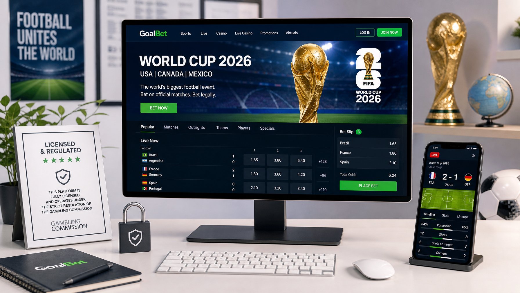 Sebuah meja kerja modern dengan komputer menampilkan situs judi bola resmi untuk pertandingan Piala Dunia 2026, dilengkapi dengan simbol keamanan dan elemen bertema sepak bola.