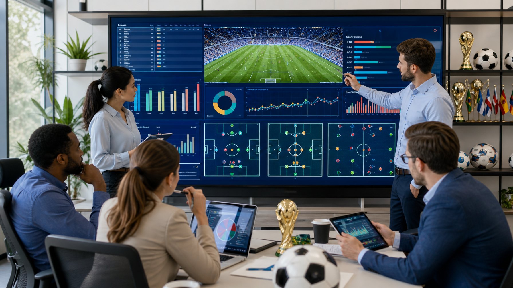 Ruang kerja modern dengan analis yang sedang membahas statistik dan formasi tim sepak bola juara Piala Dunia 2026.