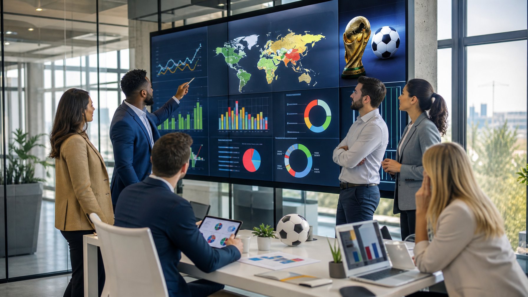 Sekelompok profesional sedang berdiskusi di kantor dengan layar besar menampilkan grafik dan peta terkait analisis performa tim juara Piala Dunia 2026.