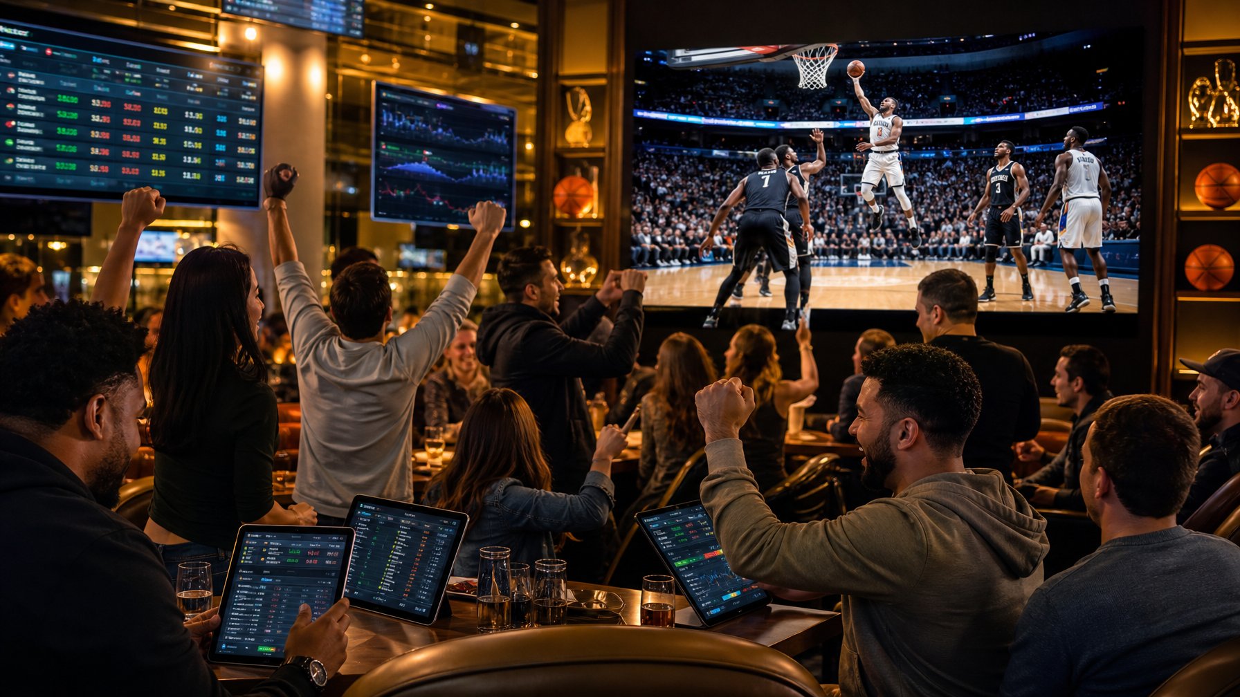Orang-orang menonton pertandingan NBA Finals sambil melakukan taruhan langsung di sebuah ruang taruhan modern.