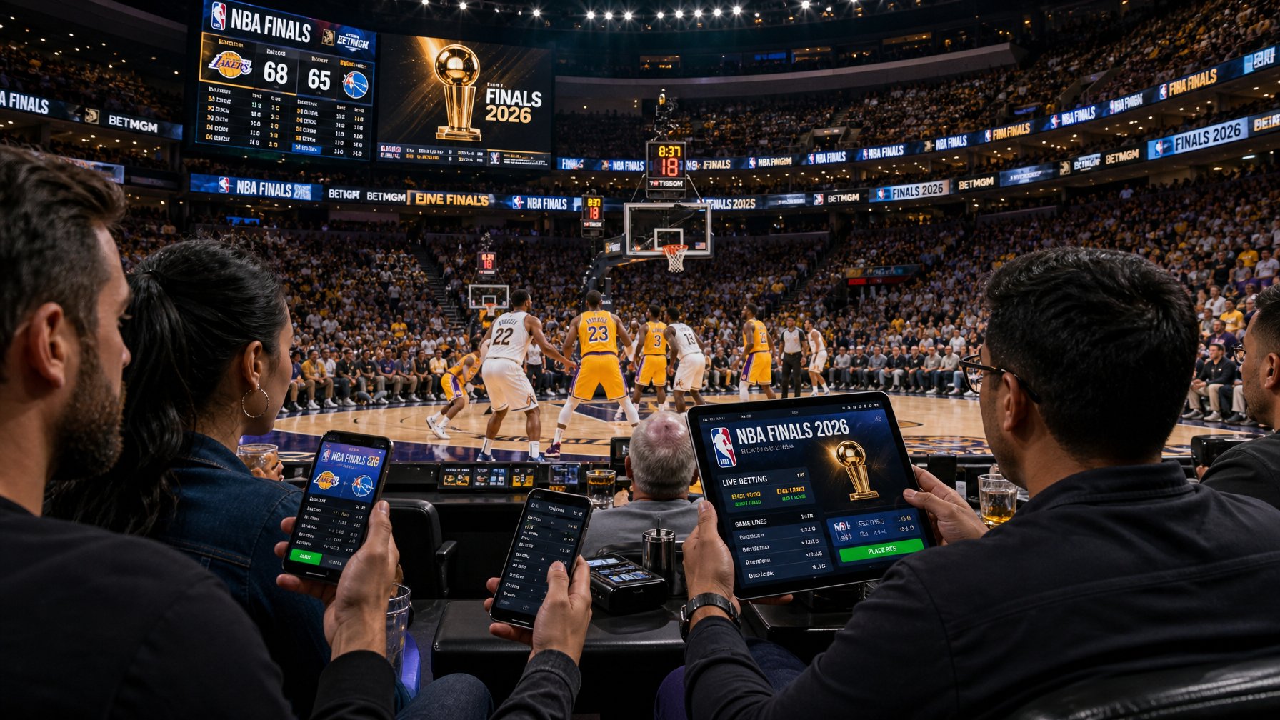 Sejumlah orang menonton pertandingan bola basket NBA Finals yang sedang berlangsung sambil menggunakan perangkat digital untuk taruhan langsung.