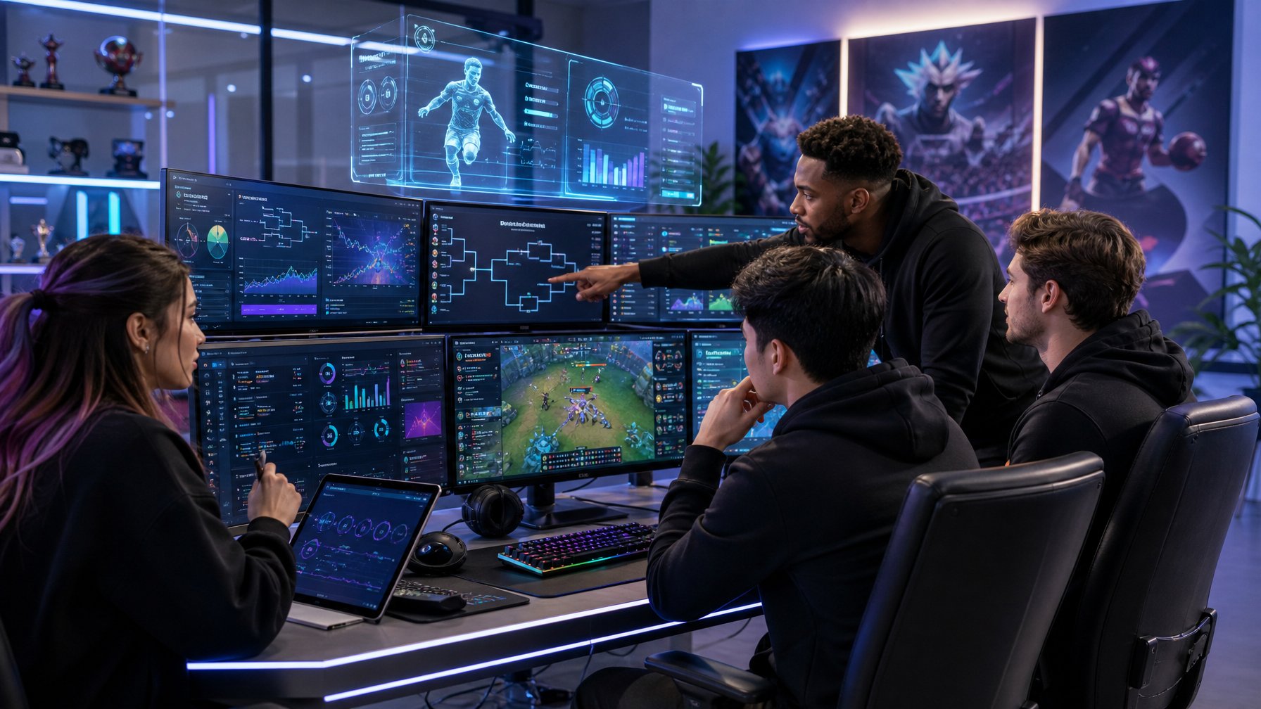 Sekelompok orang muda sedang bekerja di ruang modern dengan beberapa layar komputer yang menampilkan grafik dan pertandingan eSports serta olahraga virtual.