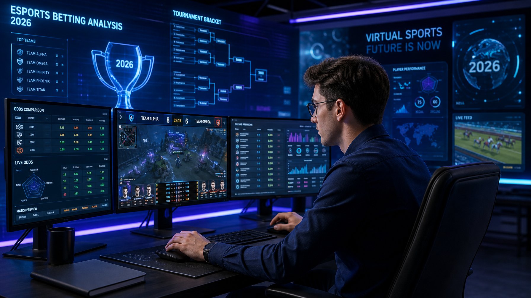 Seorang analis muda duduk di depan beberapa layar komputer yang menampilkan statistik dan pertandingan esports, dengan latar belakang antarmuka digital futuristik dan grafik turnamen.
