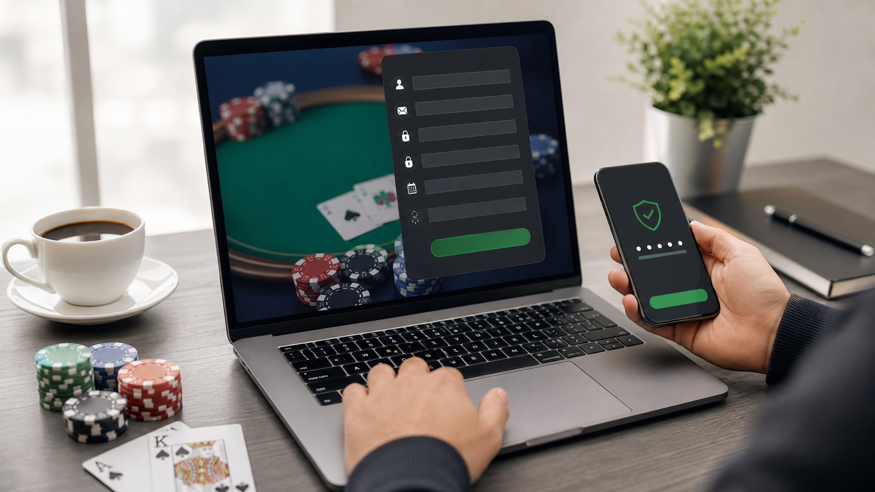 Seorang pengguna sedang mendaftar akun poker online di laptop dengan ponsel di samping, dikelilingi oleh chip poker dan kartu remi di atas meja.