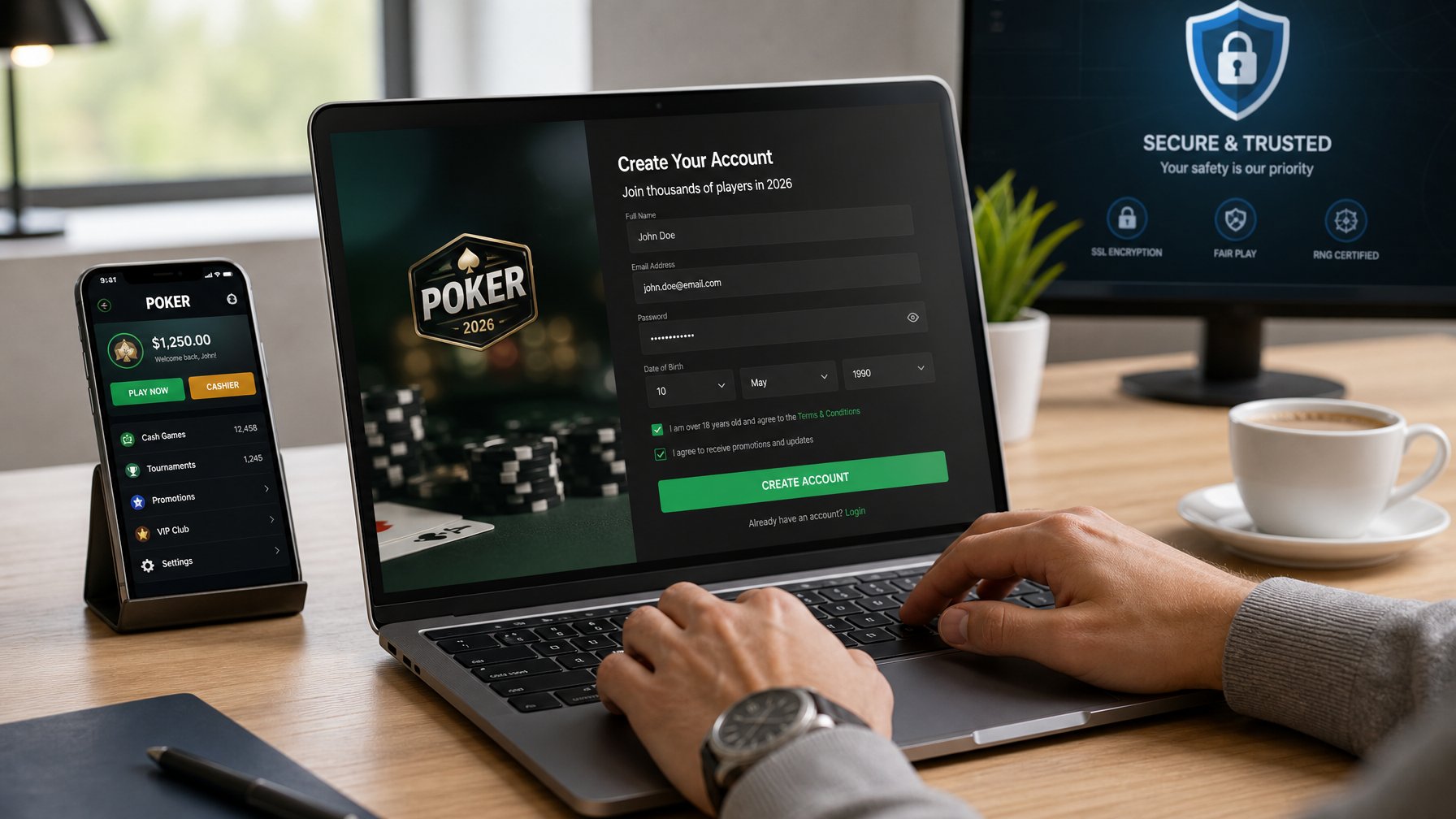 Seseorang sedang menggunakan laptop dan ponsel untuk mendaftar akun poker online di meja kerja yang rapi dan terang.