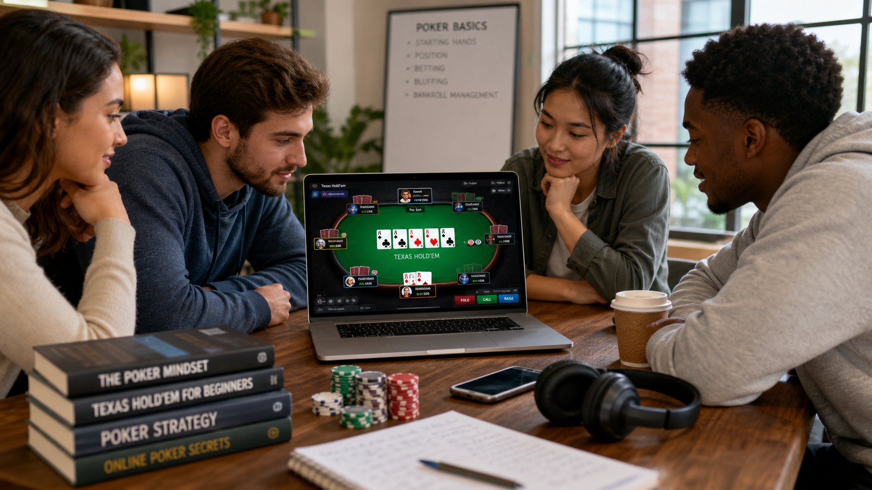 Sekelompok orang muda sedang bermain poker Texas Holdem online menggunakan laptop di meja kayu di ruangan terang dengan cahaya alami.
