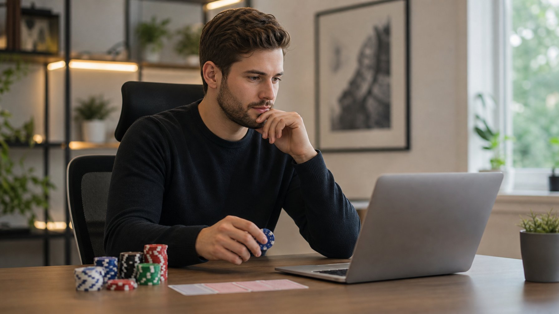 Seorang dewasa muda sedang fokus bermain poker online di laptop di ruang kerja modern dengan pencahayaan alami.