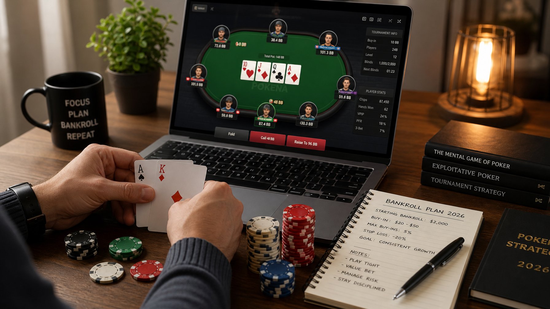 Seseorang bermain poker online di depan laptop dengan chip poker dan kartu di meja, menunjukkan suasana fokus dan perencanaan keuangan.