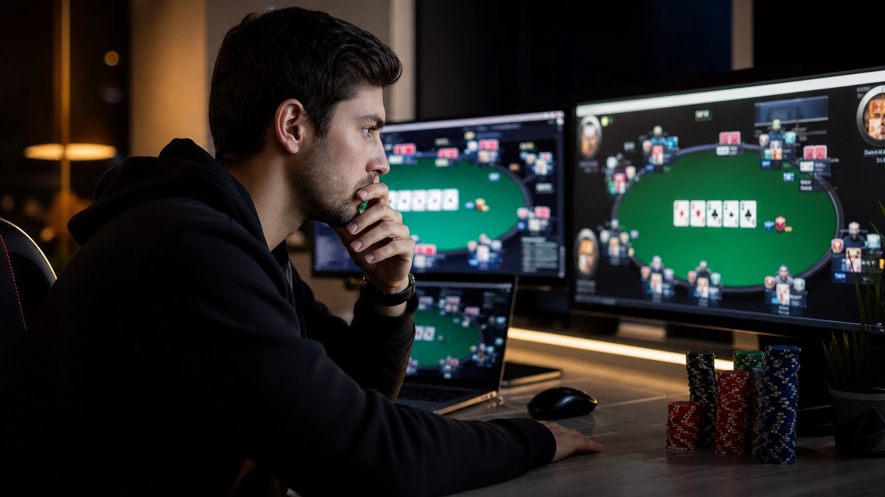 Seorang pemain poker online yang fokus duduk di depan layar komputer dengan kartu dan chip poker terlihat di layar.