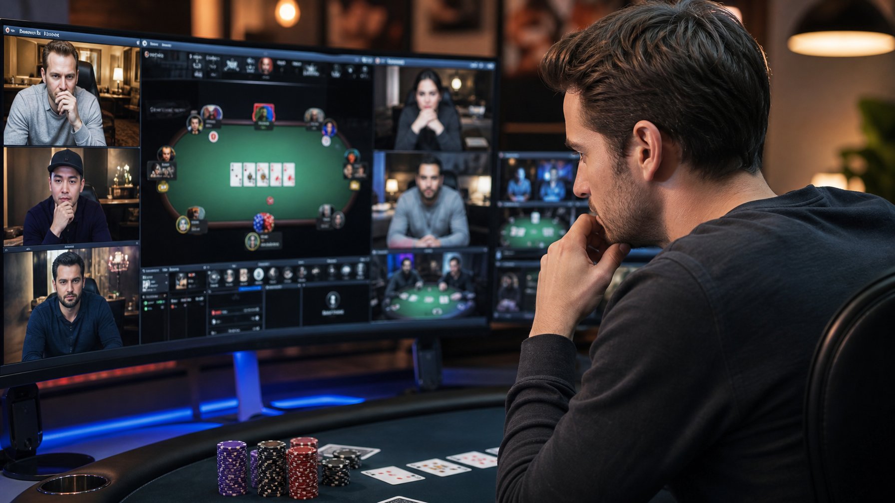 Seorang pemain poker fokus di depan beberapa layar komputer, mengamati gerak-gerik lawan dalam permainan poker online.