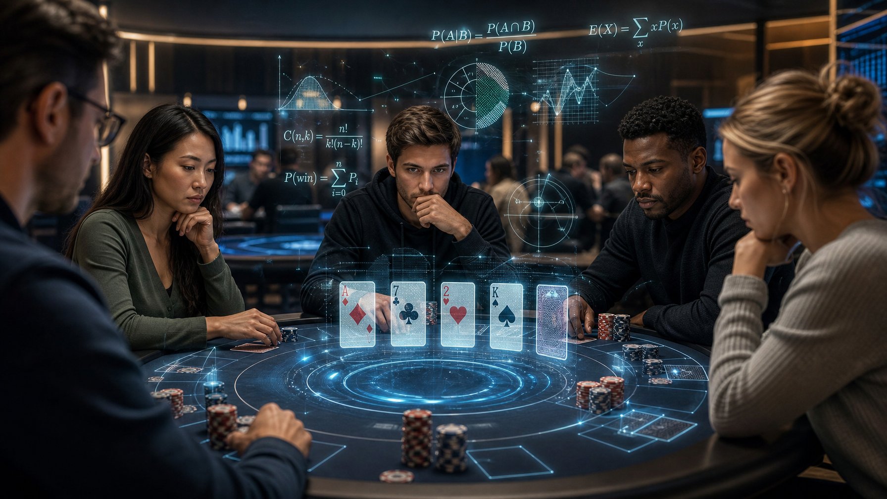 Meja poker modern dengan pemain yang fokus dan grafik matematika mengambang di atas meja dalam ruangan poker futuristik.