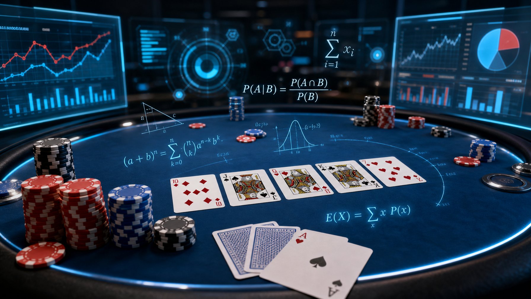 Meja poker digital dengan kartu dan chip poker, dilengkapi dengan simbol matematika dan grafik di latar belakang.