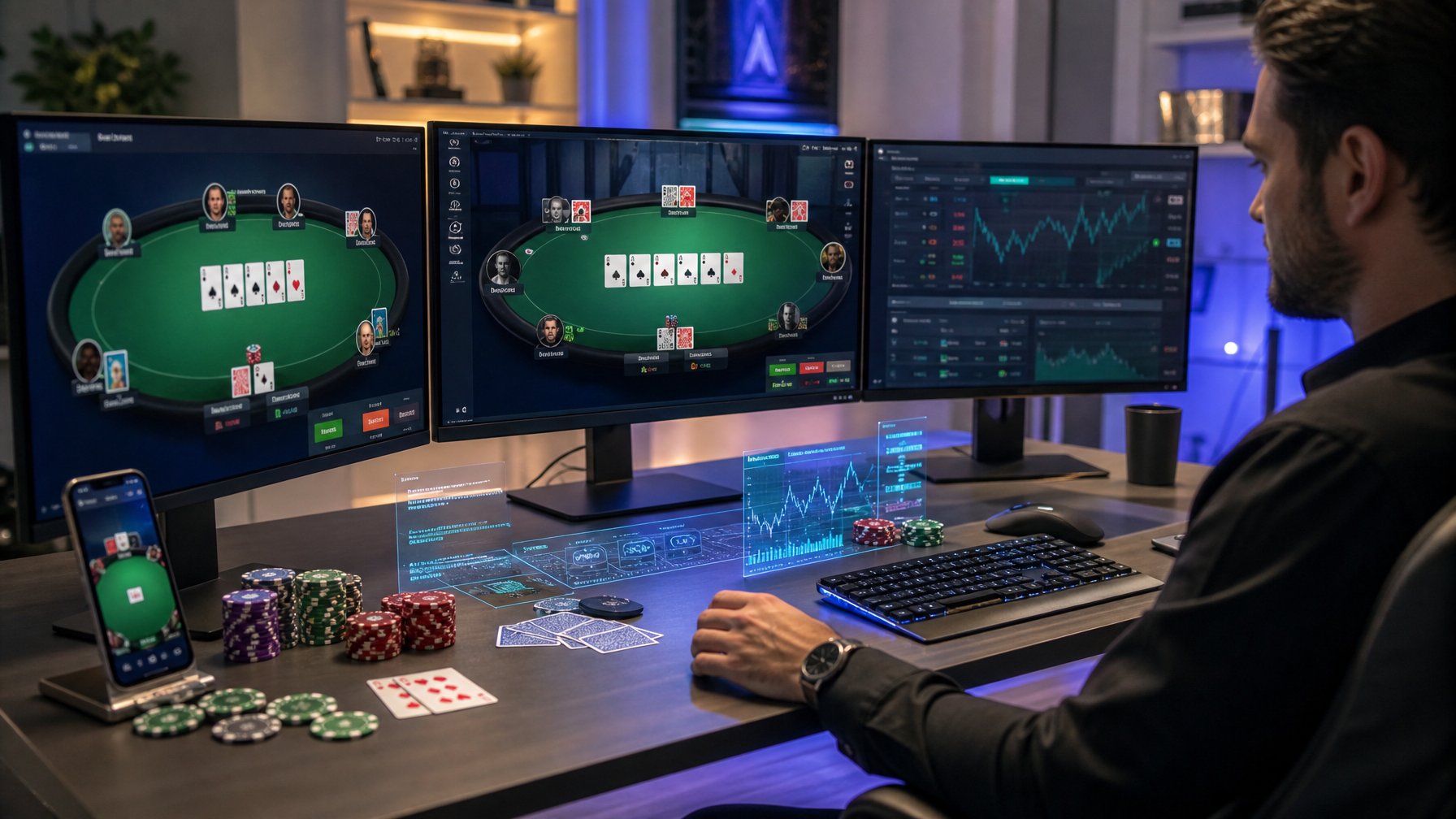 Sebuah ruangan gaming modern dengan komputer menampilkan permainan poker online dan perlengkapan poker di meja.