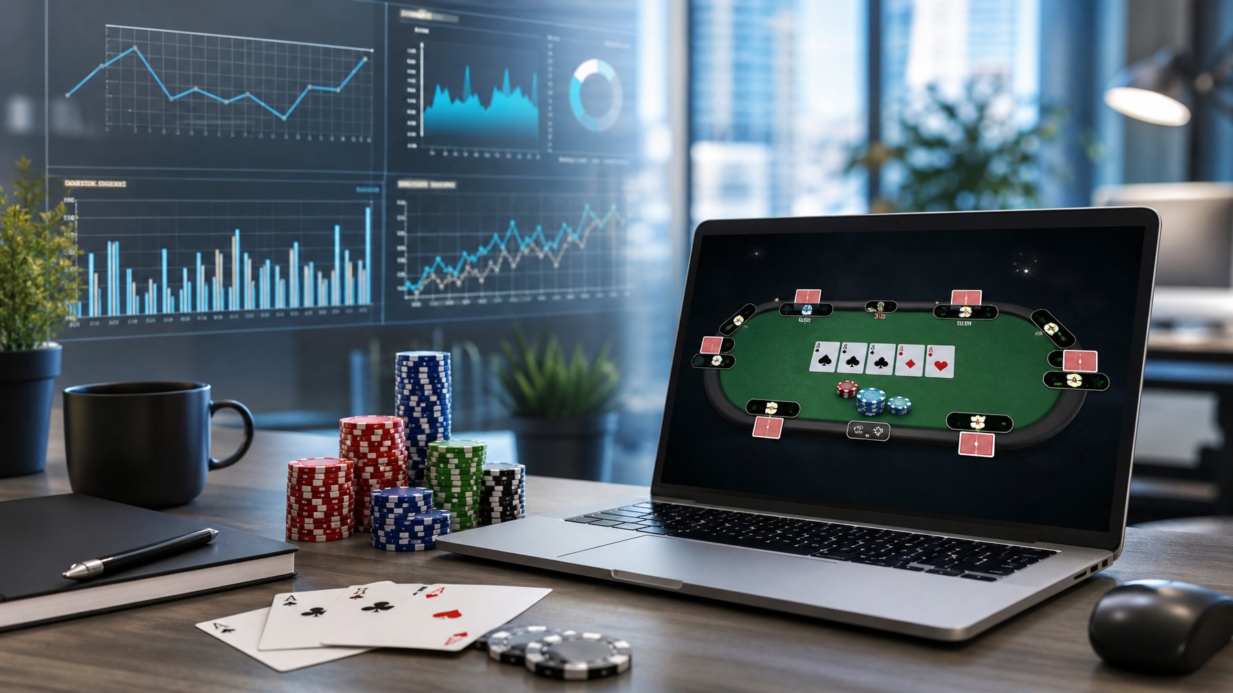 Sebuah meja kerja dengan laptop menampilkan permainan poker online, tumpukan chip poker, dan kartu bermain, dengan latar belakang grafik data dan statistik kemenangan.