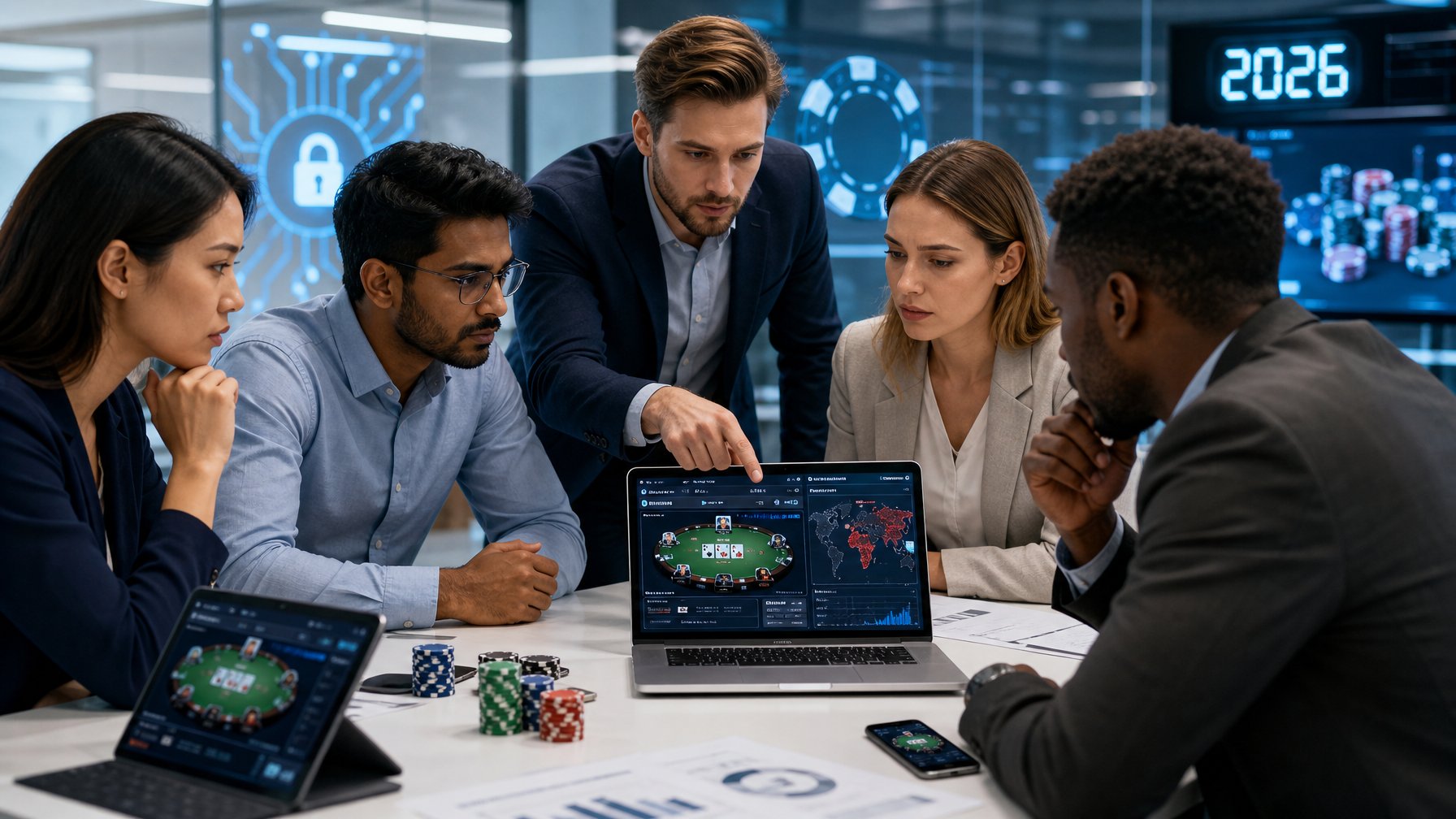 Sekelompok orang sedang berdiskusi serius di meja kantor dengan laptop dan ponsel yang menampilkan permainan poker online, menunjukkan situasi waspada terhadap penipuan.