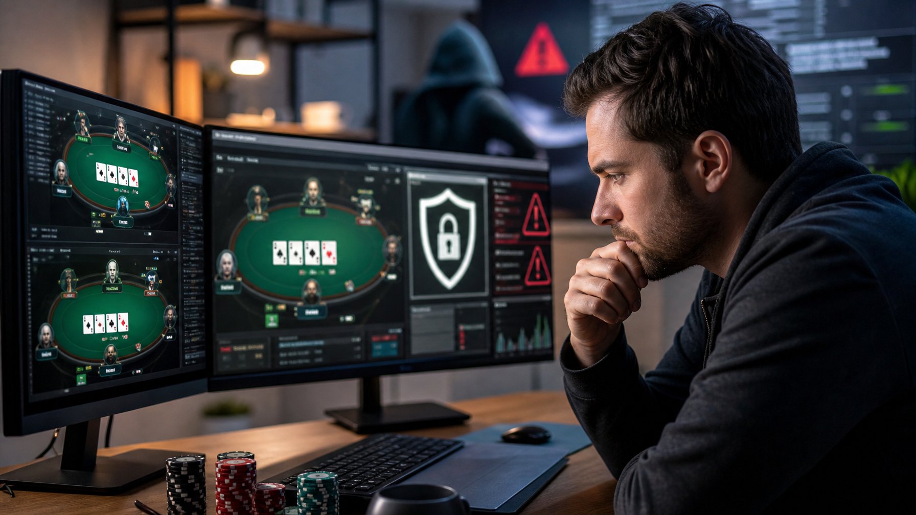 Seorang pemain poker online yang serius duduk di depan beberapa layar komputer di ruang kerja modern, menunjukkan sikap waspada dan hati-hati.