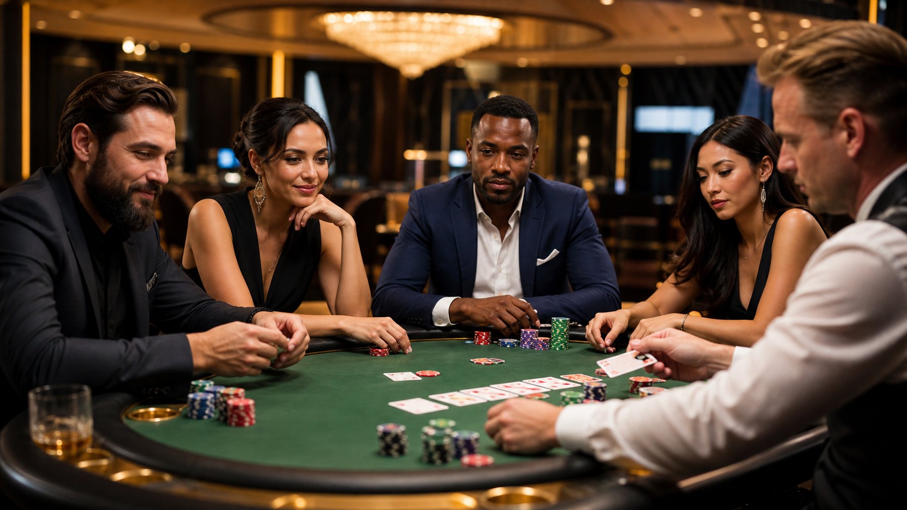 Sekelompok orang bermain poker di meja kasino dengan suasana mewah dan profesional.
