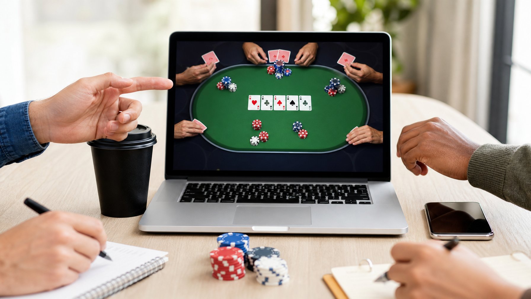Beberapa tangan pemain sedang bermain poker online di depan laptop dengan tumpukan chip dan kartu di meja.