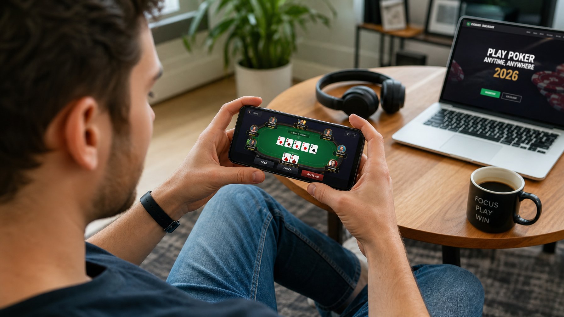 Seorang dewasa muda menggunakan ponsel pintar untuk bermain poker online di dalam ruangan yang nyaman.