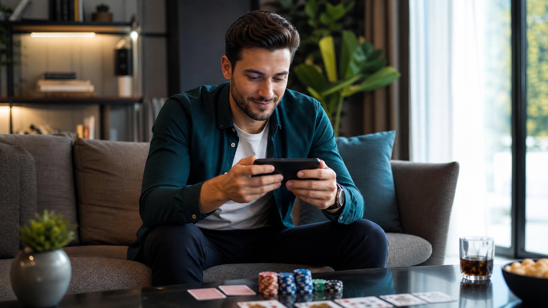 Seorang pria muda duduk di sofa bermain poker menggunakan ponsel Android di ruang tamu yang terang dan nyaman.