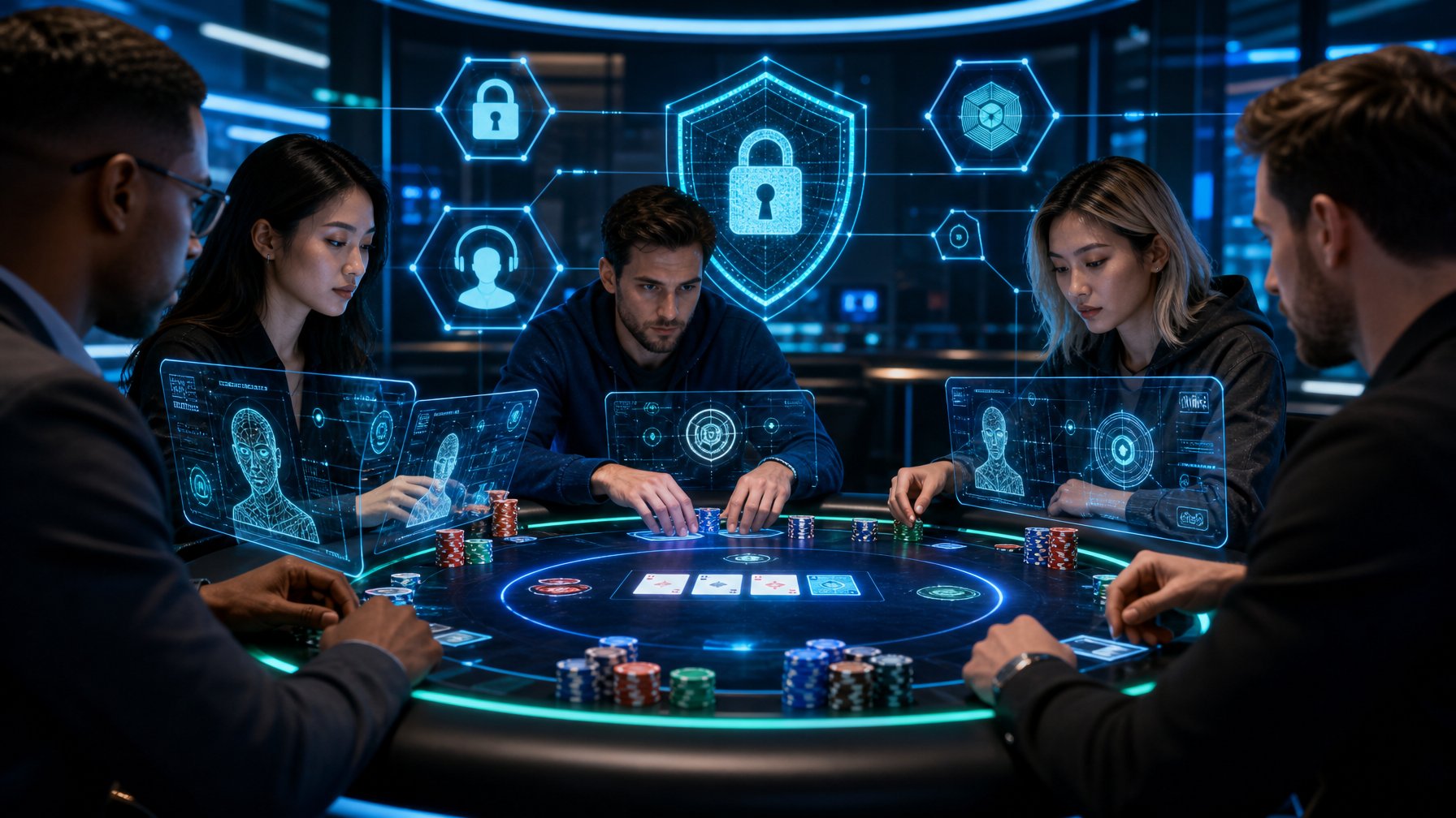 Meja poker digital futuristik dengan pemain yang fokus dan layar transparan menampilkan data keamanan.