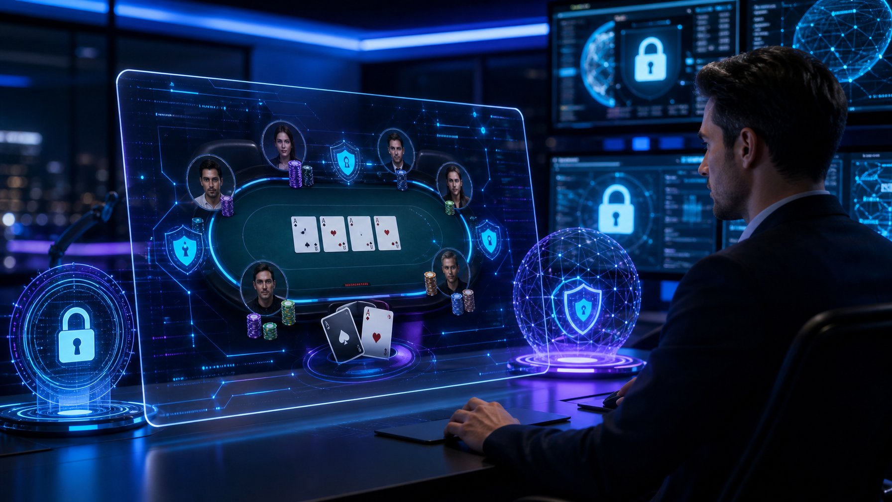 Seorang ahli keamanan siber memantau layar komputer dengan tampilan permainan poker online dan ikon keamanan futuristik di ruang kontrol teknologi tinggi.